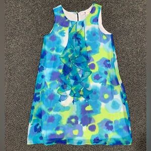 Shrinking Violet Blue & Green Floral Ruffle Shift Dress